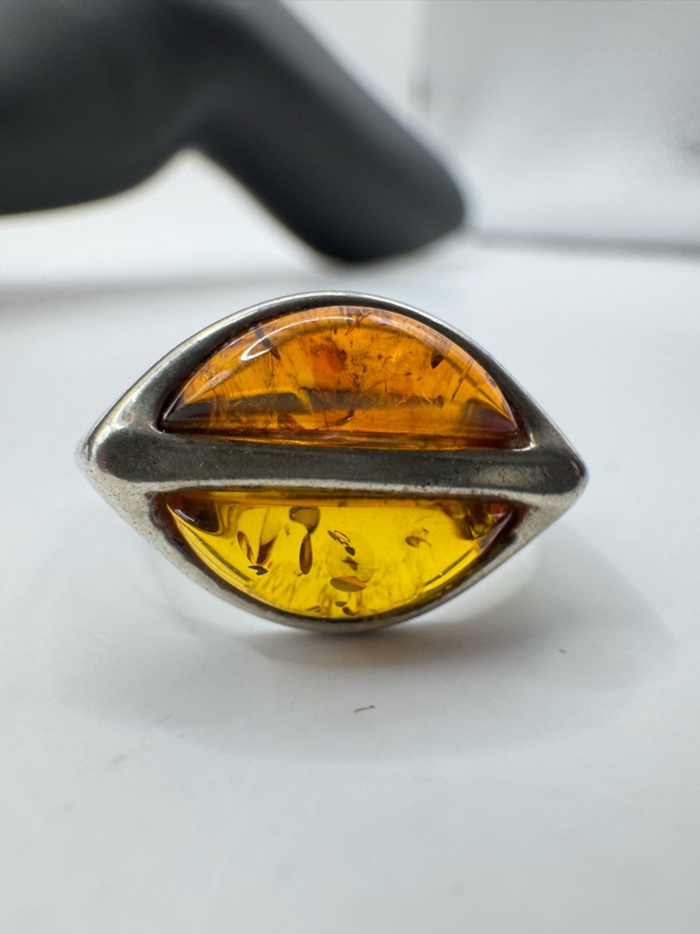 Vintage Sterling Silver Amber Double-Half Moon Ring Size 7 1/4